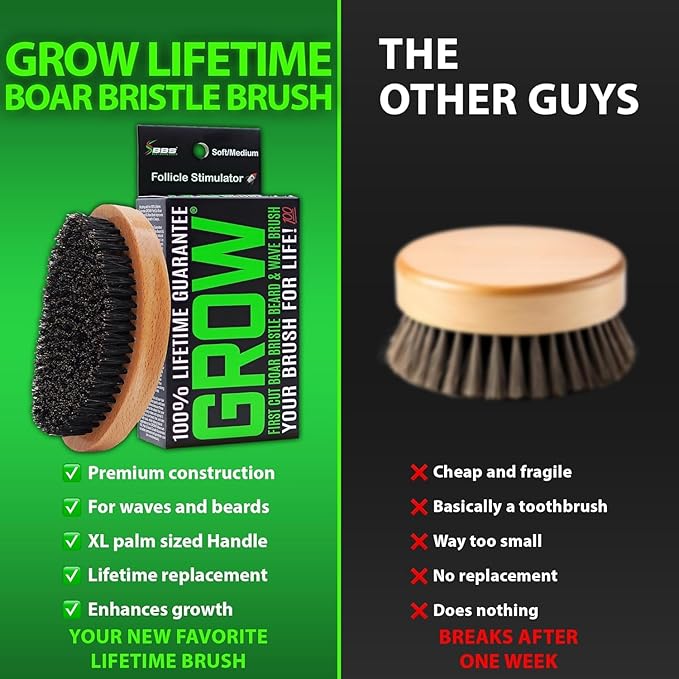 GROW First Cut Boar Bristle Beard & Wave Brush for Men 360 - Beard/Hair Growth Follicle Stimulator - Exfoliate - Detangle - Moisturize - Improve Circulation & Blood Flow (USA)