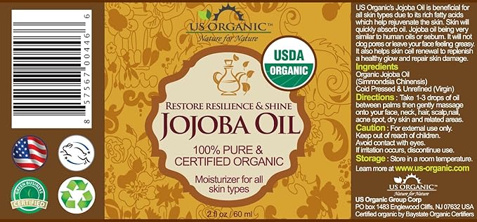 US Organic Jojoba Oil, USDA Certified Organic,100% Pure & Natural, Cold Pressed Virgin, Unrefined, Haxane Free, Sourced from Middle East directly (Small (2oz, 56ml))