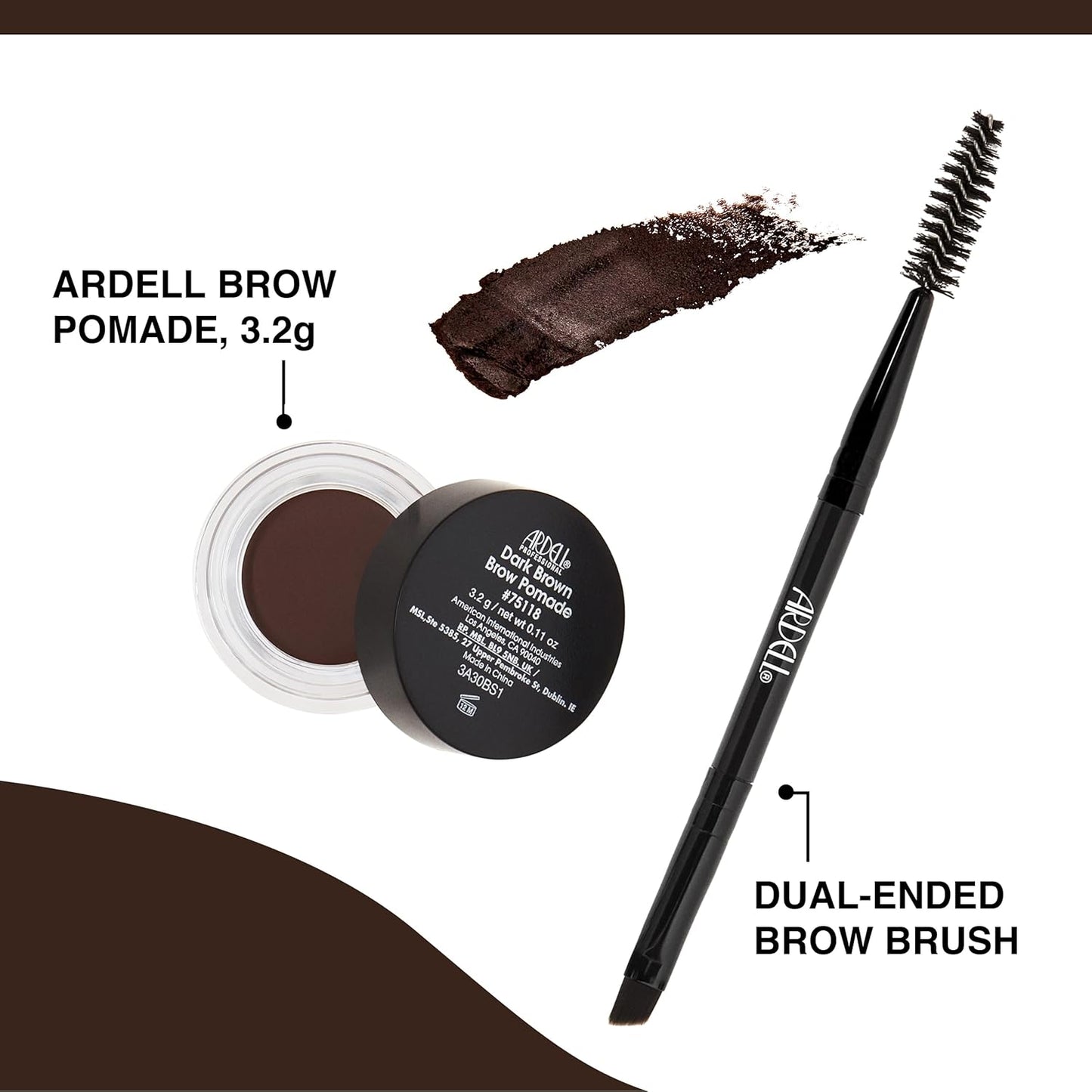 Ardell Brow Pomade - Dark Brown, Smudge-Proof Long-Lasting Eyebrow Makeup, with Dual-Ended Precision Brush and Spoolie for Defined and Natural Brows, 1 Pack