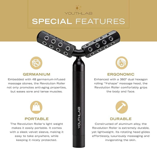 Revolution Roller - Germanium Stone Uplifting Face/Body Beauty Massage Tool/Roller/Wand for Skin Tightening/Firming, De-Puffing, Anti-Aging (Black)