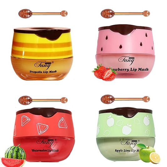 4 PCS Bee Lip Balm Honey Pot,Lip Mask Propolis Moisturizing,Prevention Dry and Cracked Lip Scrubs Exfoliator Lip Wrinkle Skin Care Products (Honey & Strawberry & Watermelon & Apple Lime)