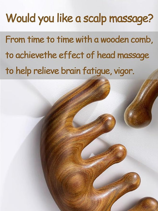 Wooden Scalp Massager - Green Sandalwood Wide Tooth Wood Therapy Massage Tool for Head Relaxation, Stress Relief & Hair Health (Funny Spa Gifts)