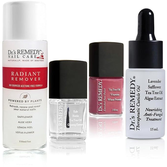 Dr.'s Remedy 4 Pack Nail Polish Treatment Kit, Start To Finish Kit With Total Two-in-One, RADIANT Remover, Therapeutic Cuticle Oil and RELAXING Rose