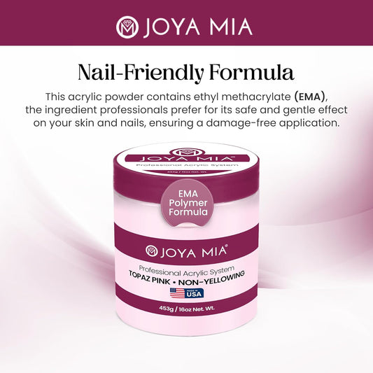 Joya Mia Acrylic Powder for Nails, MMA-Free, Super Adhesion Professional Powder for Flawless & Long-Lasting Nail Enhancements, Easy Application, Vibrant & Stunning Colors - Topaz Pink, 16 oz