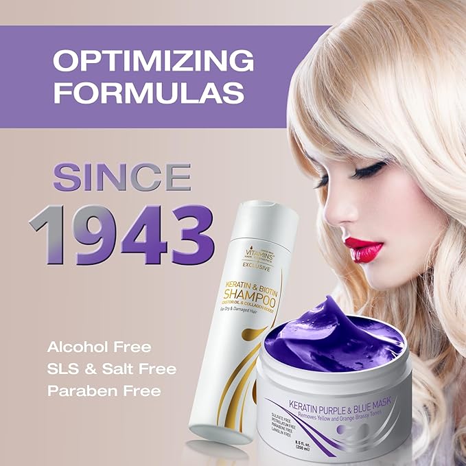 VITAMINS hair cosmetics Keratin Purple Blue Hair Mask & Keratin Shampoo Kit - Conditioning Anti Brassiness Toner for Bleached Blonde Platinum Silver White Grey Dry Damaged Hair & Nourishing Shampoo