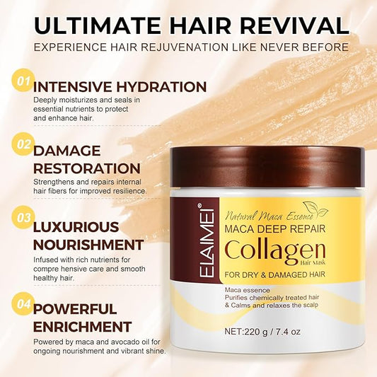 Collagen Hair Mask - 7.4 Fl Oz, Deep Hydration & Repair for Dry, Damaged Hair, Natural Collagen Mask for Hair Treatment, Suitable for All Hair Types
