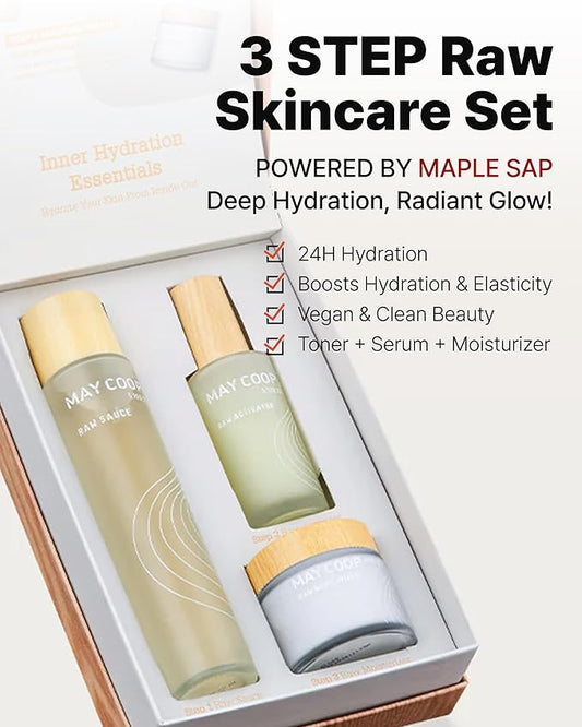 MAY COOP 3 STEP Moisturizing & Hydrating Korean Skincare Set - The Vegan Essence Toner 100ML, Moisturizer Face Cream, Organic Activator Facial Serum All Skin Type