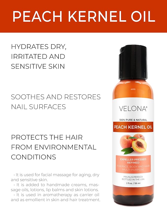 Peach Kernel Oil by Velona - 2 Fl Oz | 100% Pure and Natural Carrier Oil | Refined, Cold Pressed | Cooking, Skin, Hair, Body & Face Moisturizing | Use Today - Enjoy Results