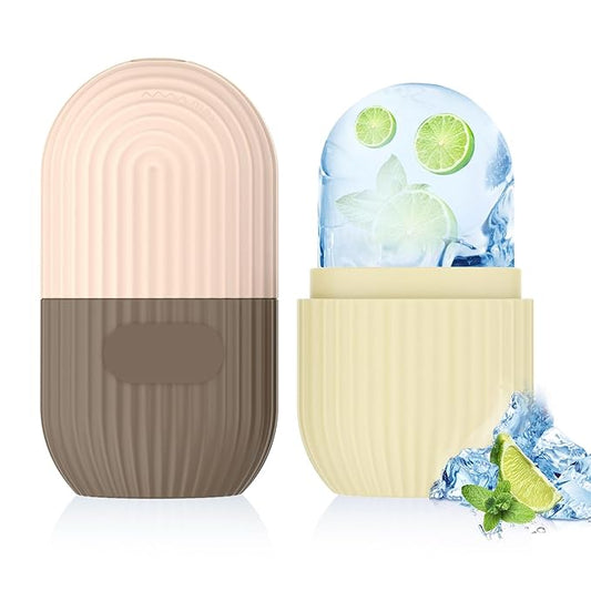 2pcs Ice Roller for Face and Eye, Silicone Ice Facial Roller Ice Holder, Face Ice Mold Skin Care, Face Icers Reusable Ice Cube Roller for Shrink Pores Anti Wrinkle Reduce Puffiness, Yellow Brown