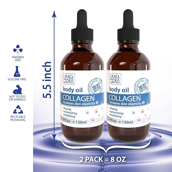 Dead Sea Collection Body Oil for Dry Skin - Collagen & Vitamin E, A, D Moisturizing Oil Pack of 2 (4 Fl.Oz Each) Body Oil - Coconut & Vitamin E, A, D Pack of 2 (4 Fl.Oz Each)