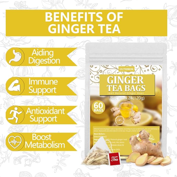 60 Premium Ginger Tea Bags, Made with 100% Natural Ginger Root, Warm & Spicy, Support Digestion & Boost Immunity, No Additives & Caffeine Free.