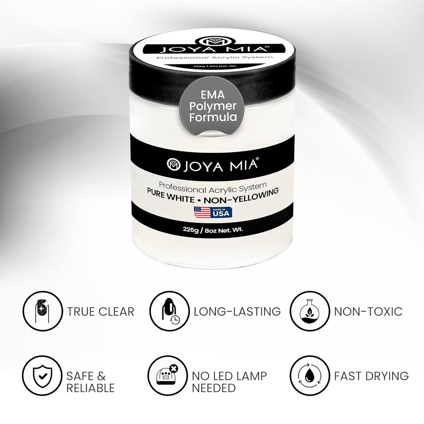 Joya Mia Acrylic Powder for Nails, MMA-Free, Super Adhesion Professional Powder for Flawless & Long-Lasting Nail Enhancements, Easy Application, Vibrant & Stunning Colors - Pure White, 8 oz