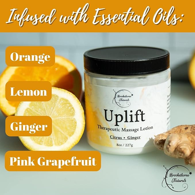 Uplift Massage Lotion for Massage Therapy & Home Use. Moisturizing Cream for Effortless Glide. Shea Butter, Coconut Oil, Aloe Vera & Ginger Citrus Essential Oils - Brookethorne Naturals