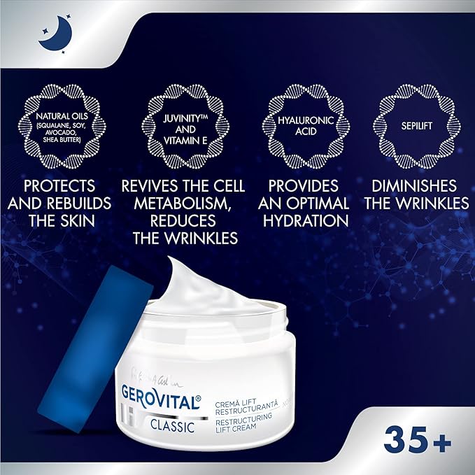 GEROVITAL CLASSIC Restructuring Lifting Cream Night Care with Hyaluronic Acid, Juvinity™, Vitamin E, Anti-wrinkle, Anti-Age Face Cream, Face Moisturizer, 50 ml