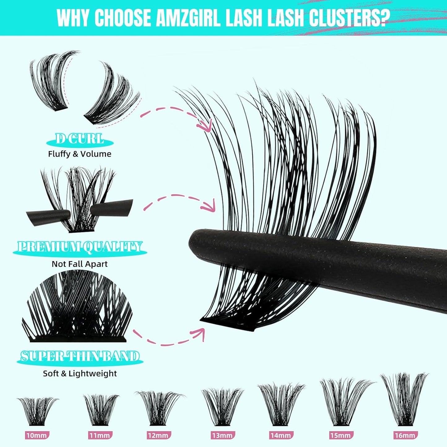 Lash Clusters Kit 320Pcs, 90D DIY Individual Eyelashes Extension With Bond, Seal, Remover, Applicator Tool for False Cluster At Home (D-Mix10-16mm)