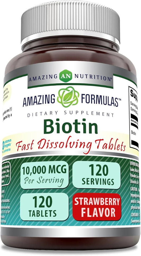 Amazing Formulas Biotin Fast Dissolve 10000 mcg Tablets Supplement | Strawberry Flavor | Vitamin B7 | Non-GMO | Gluten Free | Made in USA (120 Count)