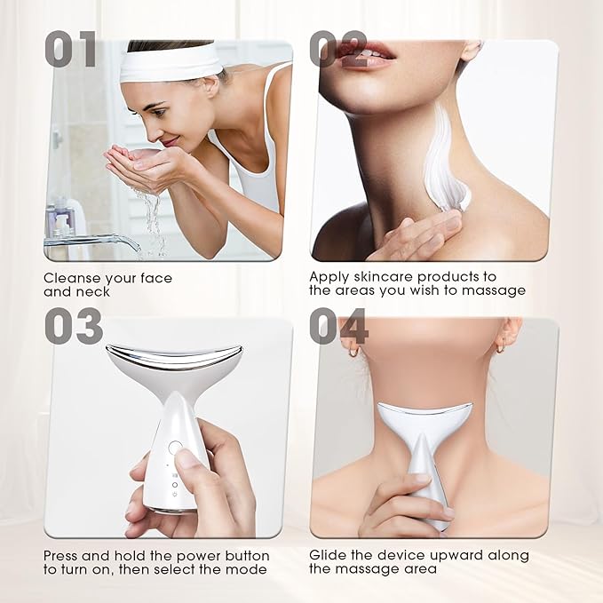 Face & Neck Massager | White LED Red-Light-Therapy-for-Face and Neck, Red Light Therapy Wand, 3 Color Led Face Neck Massager for Skin Care