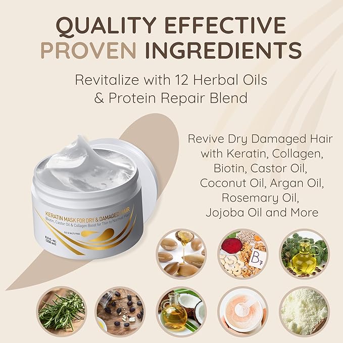 VITAMINS hair cosmetics Keratin Hair Mask Deep Conditioner - Biotin Collagen Protein & Castor Oil Repair for Dry Damaged Hair - Conditioning Treatment for Curly or Straight Thin Fine Locks