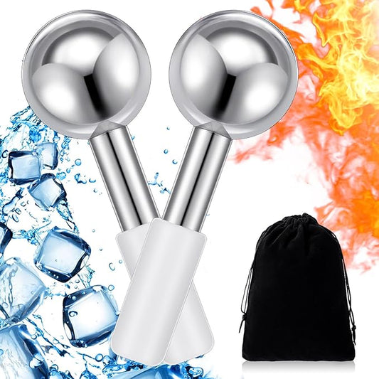 Baderke 2 Pcs Ice Globes for Face Stainless Steel Cooling Globes Unbreakable Cooling Roller Women Ice Balls Cryo Sticks Face Skin Care for Dark Circles, Puffiness(Silver (white Handle))
