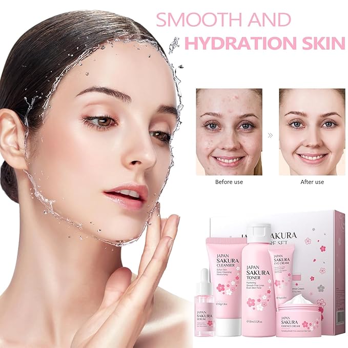Skin Care Sets for Teenage Girls JAPAN SAKURA Women Beauty Gift Sets Skincare Kit with Cleanser, Toner, Serum, Eye Cream, Face Cream Travel Pamper Sets for Women Gifts,Skin Care Sets & Kits