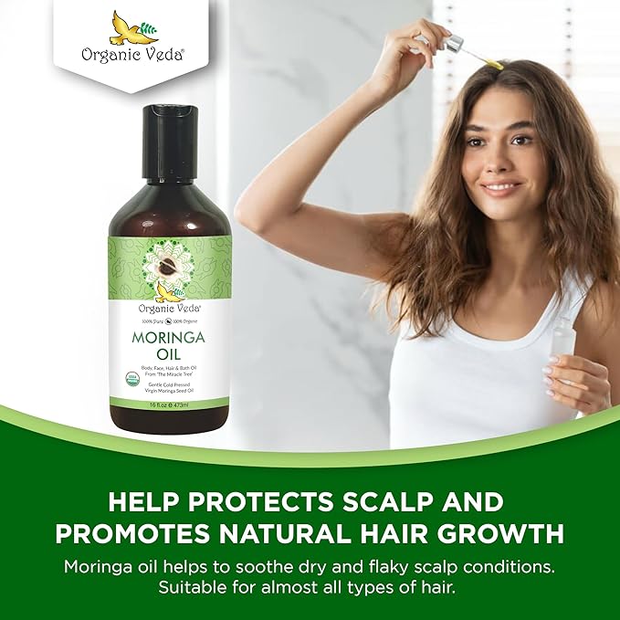 Organic Veda Moringa Oil - Pure Cold Pressed Organic Moringa Seed Oil - Natural Face Oil for Women, Moisturizing Hair Oil - Virgin Moringa Oleifera Oil for Skin, Body, Scalp Care & Nails - 16 fl.oz