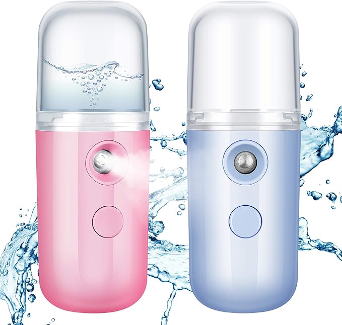 Honoson 2 Pieces Nano Facial Mister 30 ml Mini Face Humidifier Portable Facial Sprayer USB Rechargeable Handy Skin Care Machine for Face Hydrating, Daily Makeup (Blue and Dark Pink)