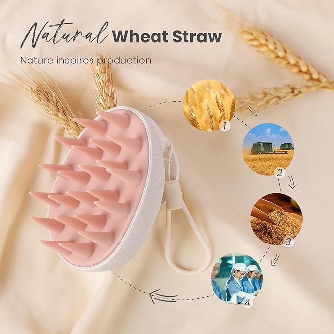 AIMIKE Scalp Massager Shampoo Brush, Pink - Promotes Hair Growth, Reduces Dandruff, and Relaxes, Natural Wheat Straw, Soft Silicone Bristles, Ideal for All Hair Types, Wet & Dry Use, Portable, 1 Count