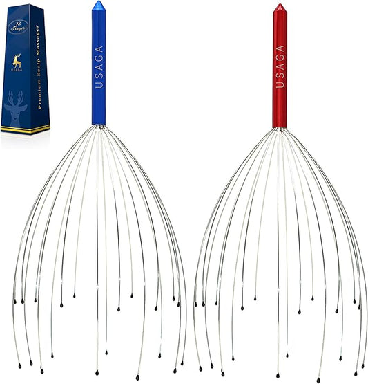 USAGA Head Massager Scalp Massager 20 Fingers Head Scratcher for Scalp Body Relaxing (Red & Blue)