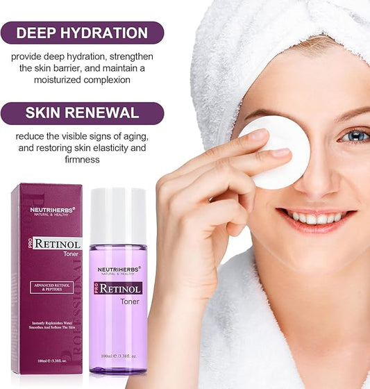 NEUTRIHERBS PRO Retinol Toner for Anti-Aging & Reducing Fine Lines and Wrinkles, with Panthenol, Peptides, and Hyaluronic Acid, Alcohol Free – 3.38 fl. Oz.
