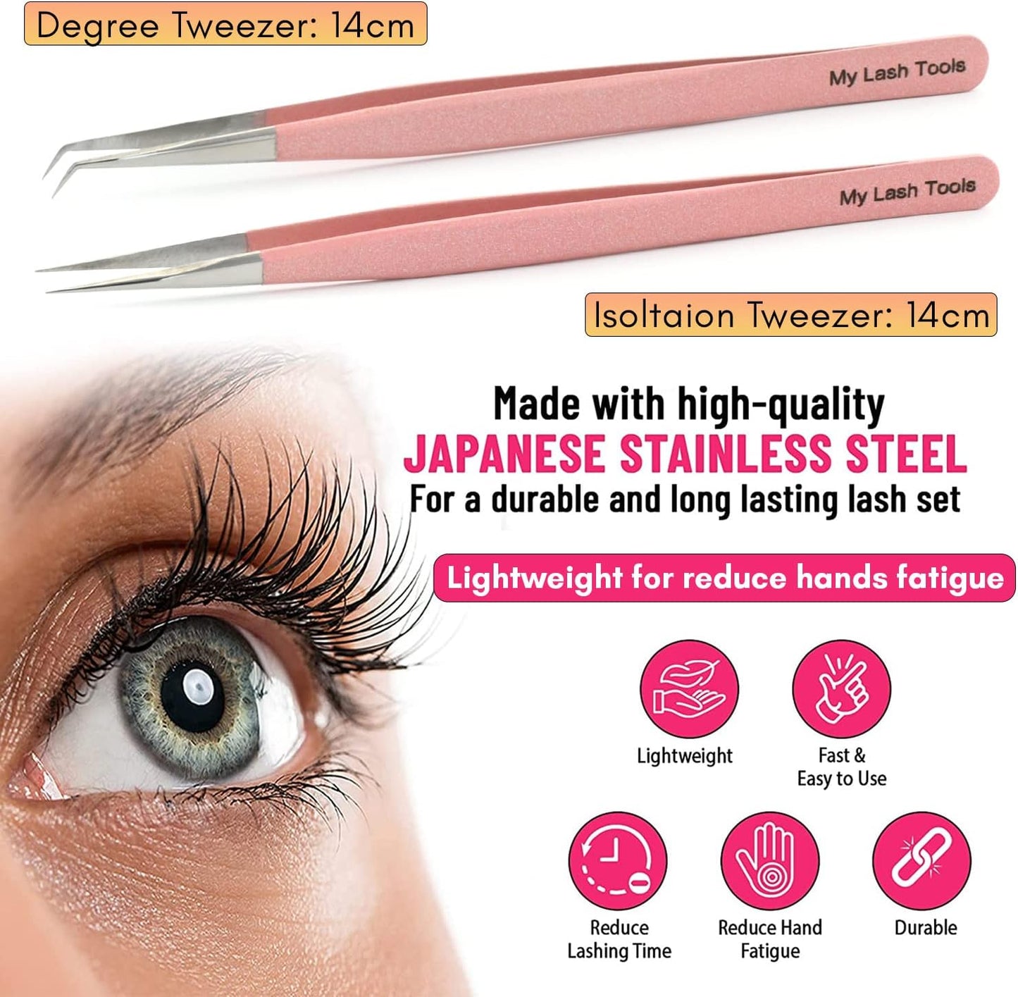 2pcs Straight & Curved Isolation Tweezers for Eyelash Extensions – 14cm Japanese Stainless Steel, Blush Pink, Best for Individual & Classic Lashes