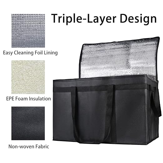 2-Pack Insulated Food Delivery Bag for Hot and Cold Meal, XXXL, Black, Grocery Tote Insulation Bag for Catering, Large Pizza Warmer