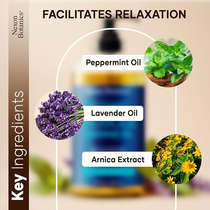 Sore Muscle Massage Oil 8 fl oz - Arnica Massage Oil for Therapy & Pain Relief - Peppermint & Lavender for Body & Muscle Relaxation - Nexon Botanics