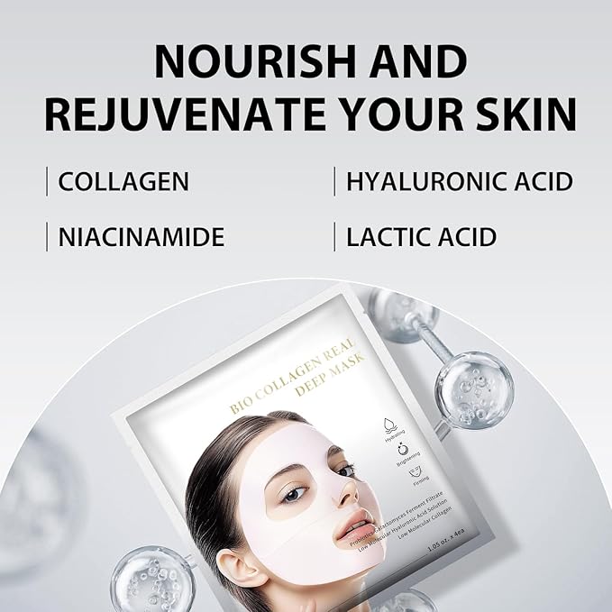 IREV Bio-Collagen Face Mask Deep Overnight Hydrating Face Mask for Wrinkles Selfcare Sheet Skin Care Facial Treatments & Masks for Women Firming and Moisturizing Elasticity Anti-Wrinkle 4 Pack