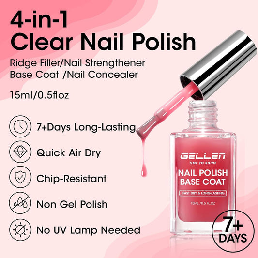 Gellen 4‑in‑1 Clear Nail Polish Base Coat Sheer Tinted Red, Ridge Filler, Nail Strengthener & Concealer, Calcium Formula Strengthens Nails, Natural Color Enhances Natural Look, No HEMA, Anti-yellowing