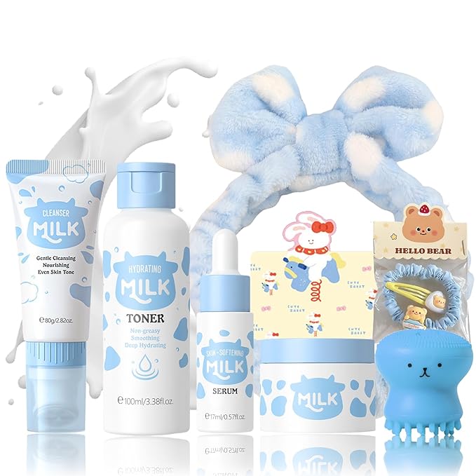 8 PCS Facial Skin Care Sets & Kits, Milk Skincare Set, Travel Skincare Set for Women & Teens, Hydrating Milk Skincare Routine for Girls 10-12, Brilliant Self Care Kit, Deep Moisturizing Gentle
