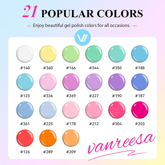 VANREESA 24 Pcs Gel Nail Polish Set, 21 Colors Gel Polish with Base Coat Glossy & Matte Top Coat Yellow Green Blue Pink Purple Orange Gel Polish Kit Nail Kit Gifts for Women Girls