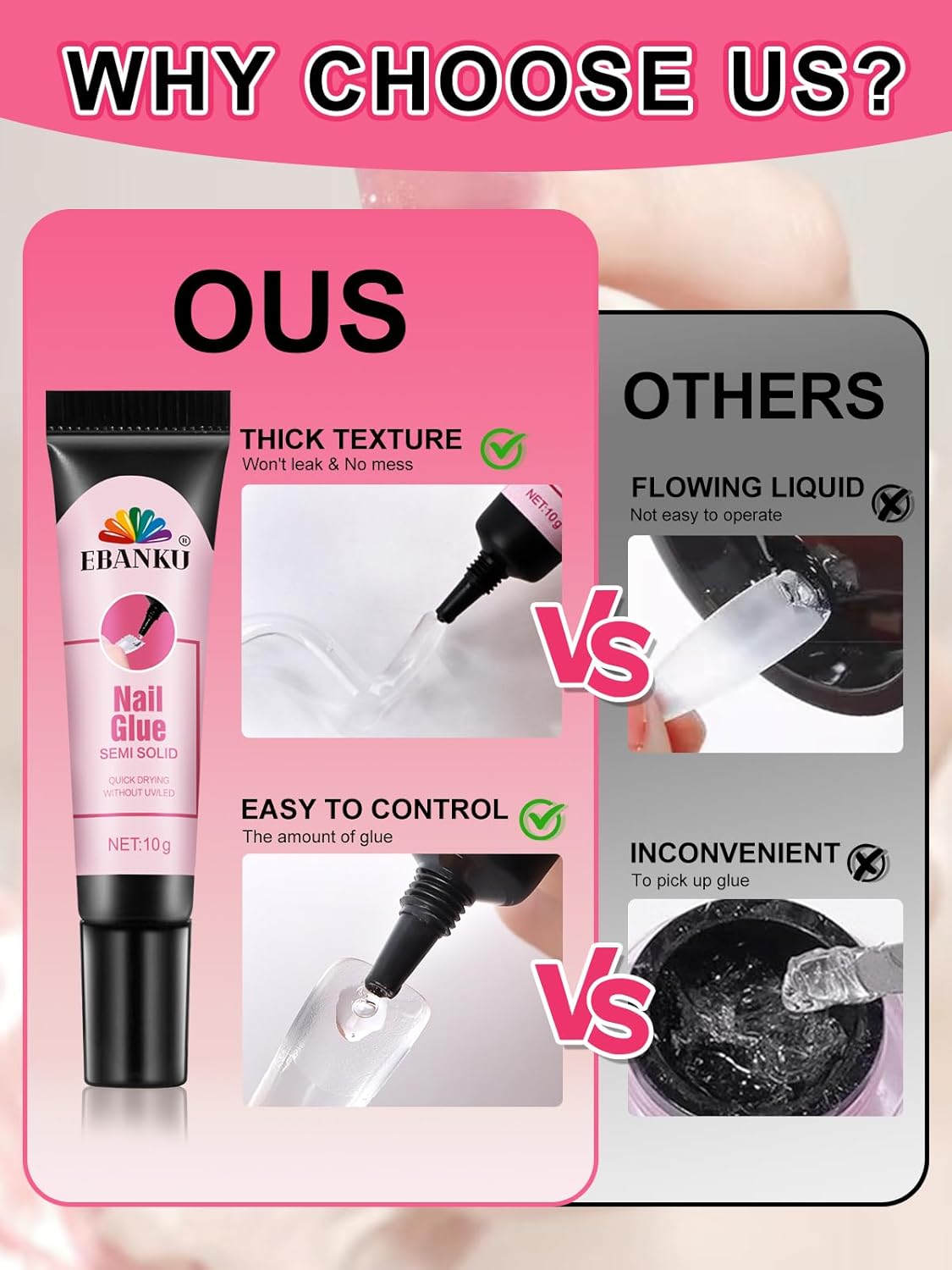 EBANKU 4PCS Solid Nail Glue Gel with Nail Dehydrator and Primer, Fast Dry Solid Semi Nail Glue No Uv Light Needed, Nail Prep Dehydrator & No Lift Nail Primer Nail Supplies for Long Lasting Nail Techs