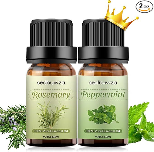Sedbuwza Rosemary Peppermint Essential Oil Set, Rosemary Fragrance Oil Peppermint Scent Oil Set for Diffuser, Aromatherapy, Massage, Soap, Candle Making 2 x 10 ml
