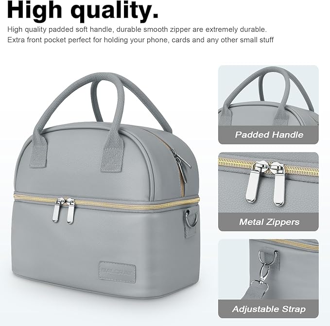 BALORAY Lunch Bag for Women Men, Double Deck Lunch Box for Adults Teens, PU Leather Lunch Tote Bag Insulated Lunch Bags with Strap for Work Office School