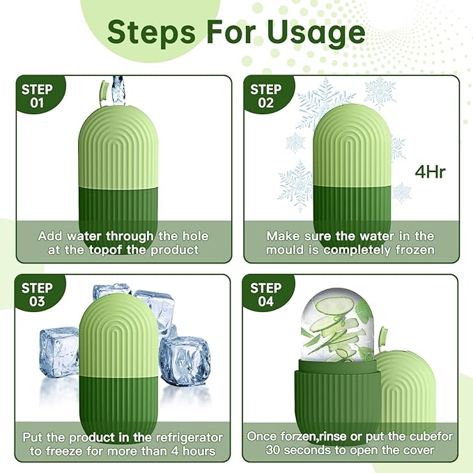 Ice Roller for Face and Eye，Ice Cube Roller Massager for Skin Women Care Tools, Naturally Conditioning De-Puff Eye Bags, Reduce Migraine Pain， Reusable Massage Silicone Ice Mold （Green）