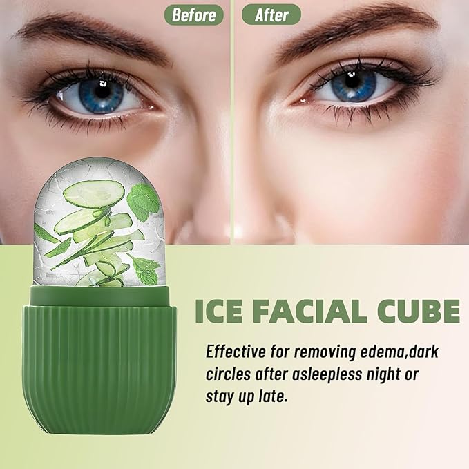Upgraded Facial Ice Roller for Self Skin Care of all Types, Cold Face Ice Roller Facial Massager for Shrink Pores Anti Wrinkle Reduce Puffiness Improve Skin Elasticity, Striped (Green)