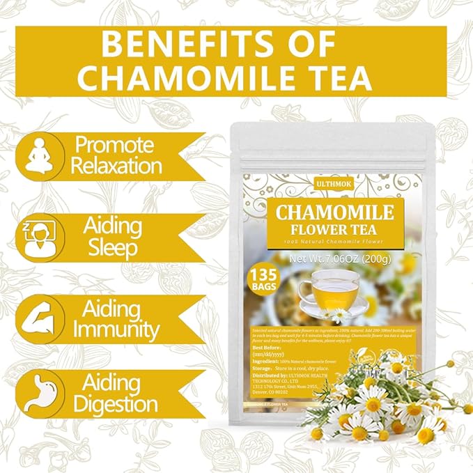135 Premium Chamomile Tea Bags, Made with 100% Pure Natural Chamomile Flower, Caffeine Free & Non-GMO.
