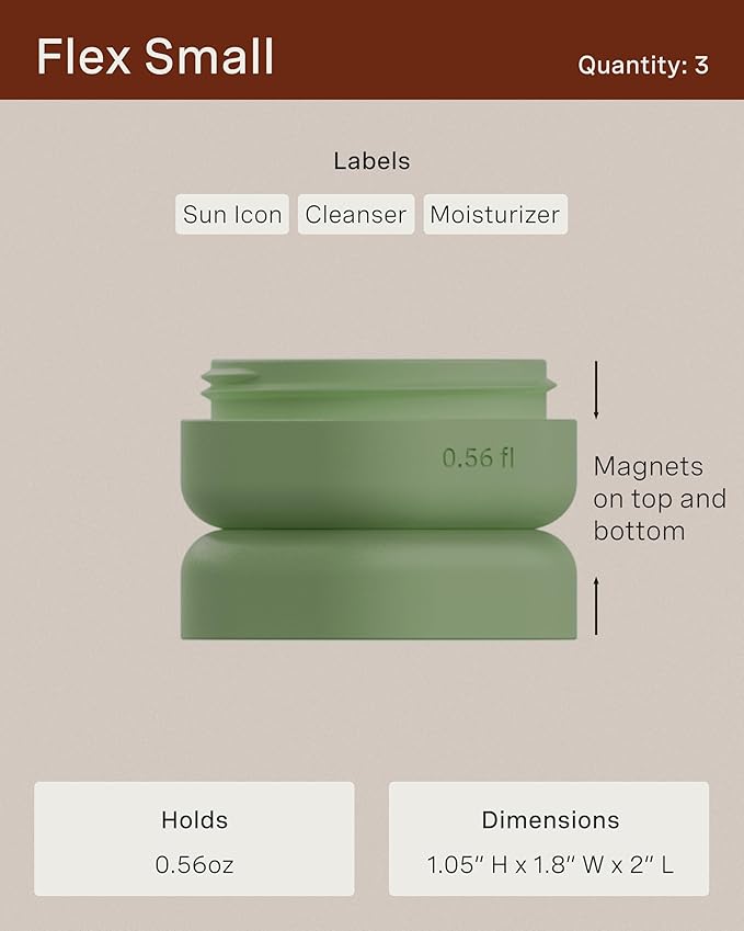 Cadence Travel Containers - Basic Skincare Set - Magnetic Travel Capsules - Facial Cleanser, Moisturizer, Sunscreen - 3 Small Capsules (0.56oz) with Cleanser, Moisturizer & Sun-Icon Labels - Charcoal