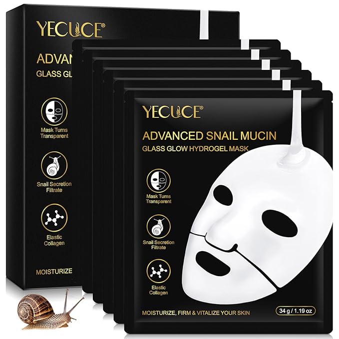 Snail Mucin Mask - Collagen Face Mask, 6 EA Face Sheet Mask with Advanced Snail Mucin Serum, Hydrating Facial Masks Skincare, Overnight Hydrogel Face Mask for Women, Korean Skin Care Glass Glow