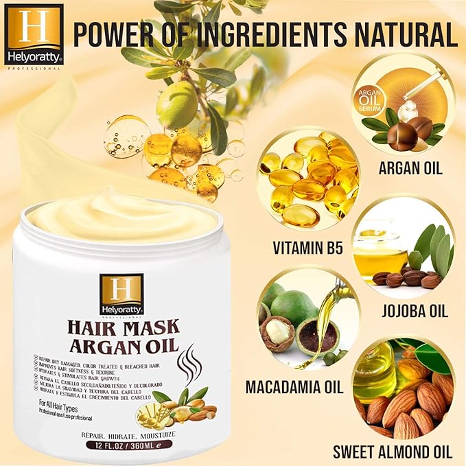 Argan Oil Hair Mask - for damaged hair and growth, moisturizes and repairs dry and damaged hair - Enriched with macadamia, jojoba and almond oil Deep conditioning mask - set All hair types - 12.fl.oz