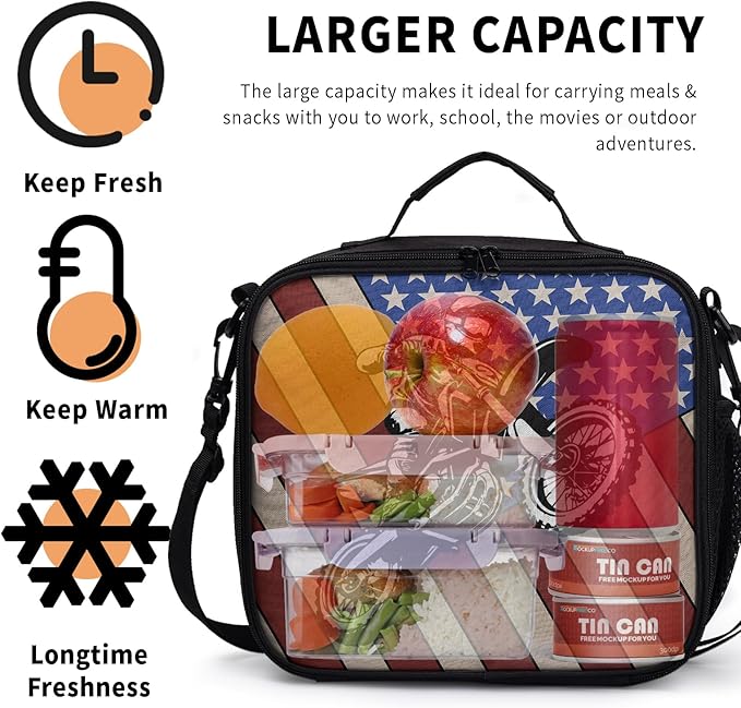 American Flag Baseball Pattern Lunch Bag Sport Baseball Lunch Boxes for Women/Man Office Work Travel School Work Picnic Durable Reusable Insulated Large Lunch Tote Bag with Adjustable Shoulder Strap
