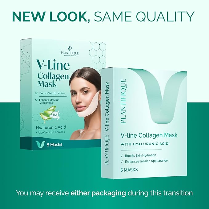PLANTIFIQUE V-Line Collagen Mask for face 5 PCS | Chin Strap for Women & Men | V Line Lifting Mask with Collagen and Hyaluronic Acid V Shape Face Tape Chin | Skin Firming