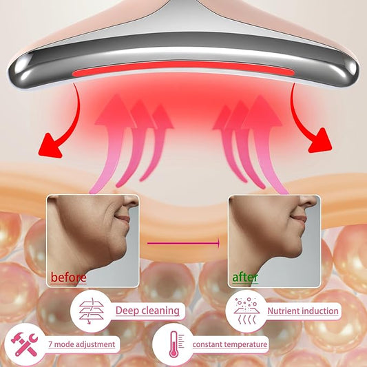 7-in-1 Face and Neck Massage Tool for Skin Care Gift, Multifunctional Electric Red Light Therapy for Face, Wrinkles, Double Chin (Pink)