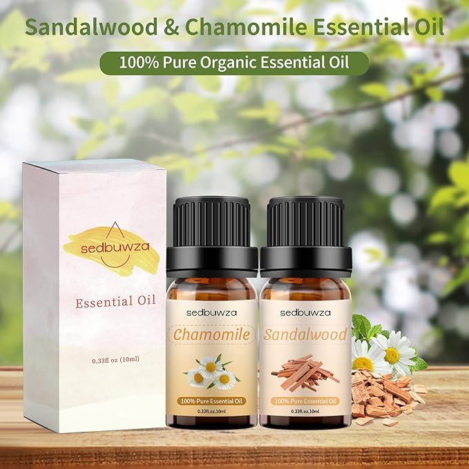 Sedbuwza Sandalwood Chamomile Essential Oil Set, Sandalwood Fragrance Oil Chamomile Scent Oil Set for Diffuser, Aromatherapy, Massage, Soap, Candle Making 2 x 10 ml