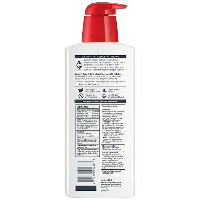 Eucerin Daily Hydration Lotion with SPF 15 - Broad Spectrum Body Lotion for Dry Skin - 16.9 fl. Oz. Pump Bottle (Pack of 3)